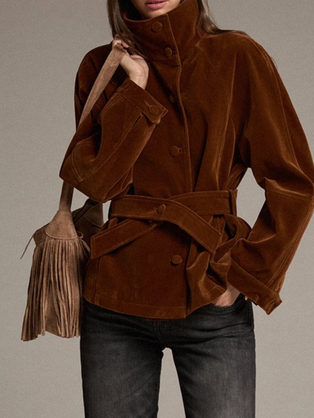 Brown Casual Women's Belted Pocket Button Front Raglan Sleeve Velvet Jacket